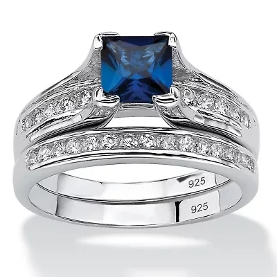 Lab Created 1.45 TCW Blue Sapphire CZ Platinum-plated Sterling Silver 2-Piece Bridal Set