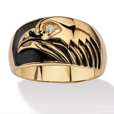 Men's Cubic Zirconia Gold-Plated Black Enamel-Finish American Eagle Ring