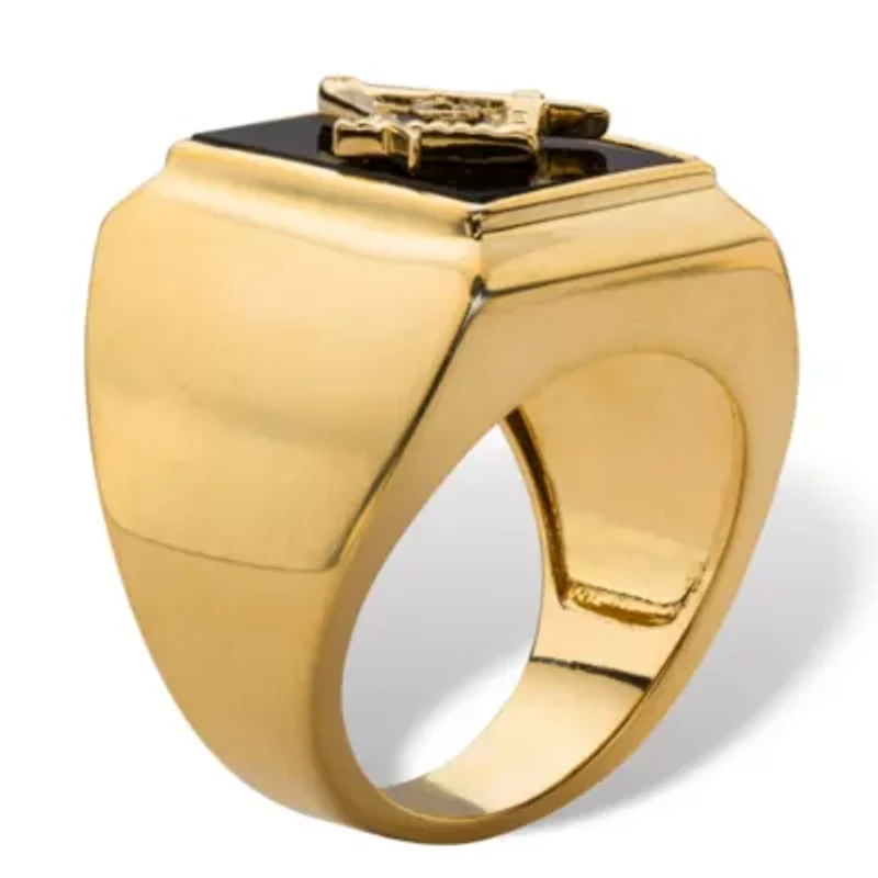 Men's Genuine Black Onyx Gold-Plated Masonic Cabochon Ring