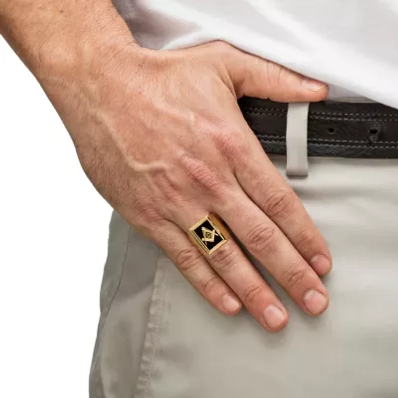 Men's Genuine Black Onyx Gold-Plated Masonic Cabochon Ring