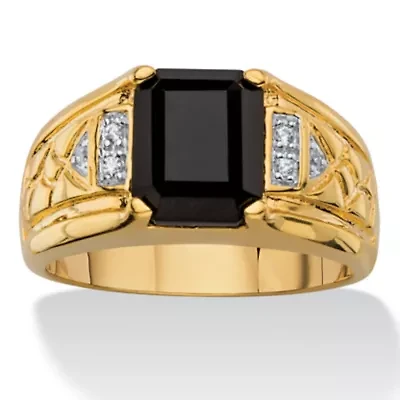 Men's Genuine Emerald-Cut Black Onyx and Diamond Accent 18k Gold-Plated Ring