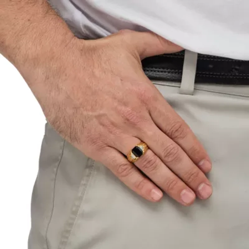 Men's Genuine Emerald-Cut Black Onyx and Diamond Accent 18k Gold-Plated Ring