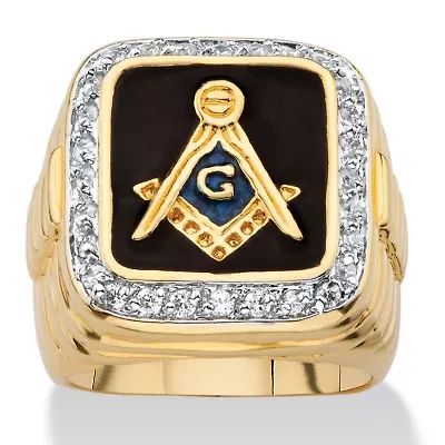 Men's .59 TCW Black Enamel and Cubic Zirconia Gold-Plated Masonic Ring