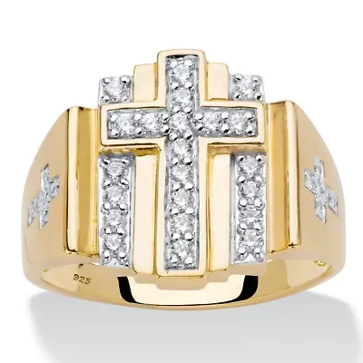 Men's .50 Cttw. Gold-Plated Silver Round Cubic Zirconia Layered Cross Ring