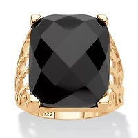 Checkerboard Cut Genuine Black Onyx 14k Yellow Gold-Plated Sterling Silver Ring