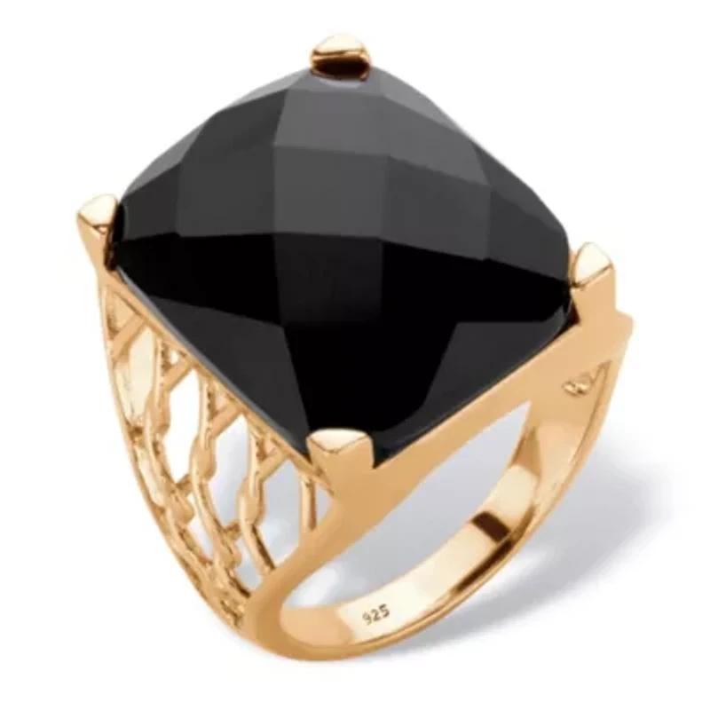Checkerboard Cut Genuine Black Onyx 14k Yellow Gold-Plated Sterling Silver Ring
