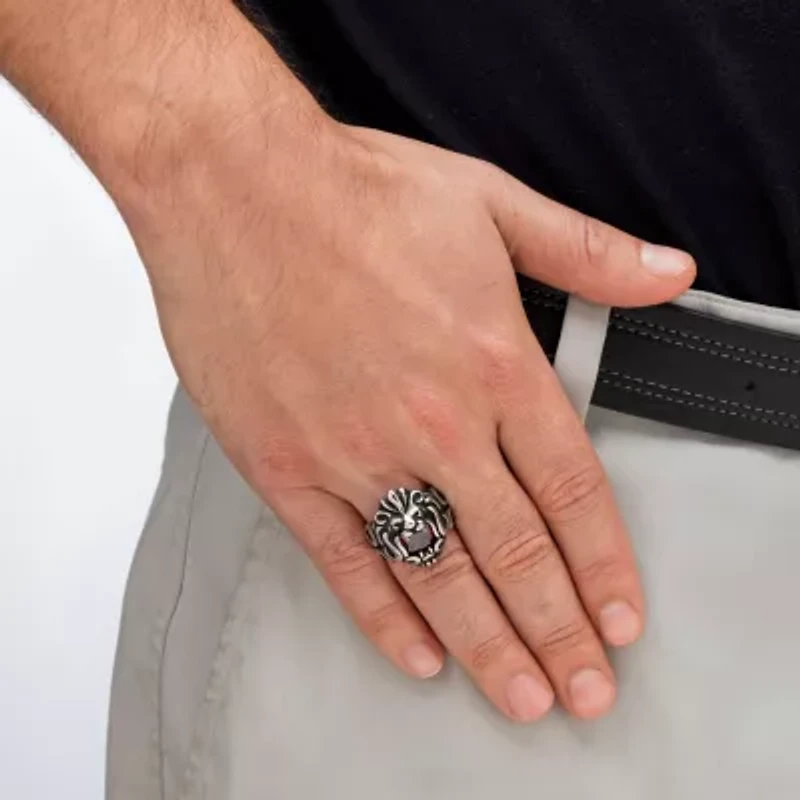 Men's 2.65 TCW Red CZ Antiqued Stainless Steel Tribal Lion Ring