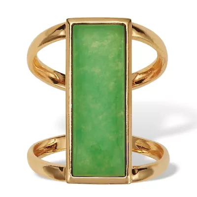 Emerald Cut Genuine Jade 18k Gold-Plated Sterling Silver Bezel Set Cabochon Ring