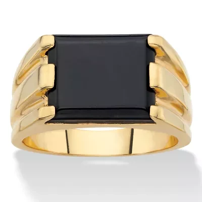 Men's Emerald-Cut Gold-Plated Simulated Black Onyx Rectangle Ring