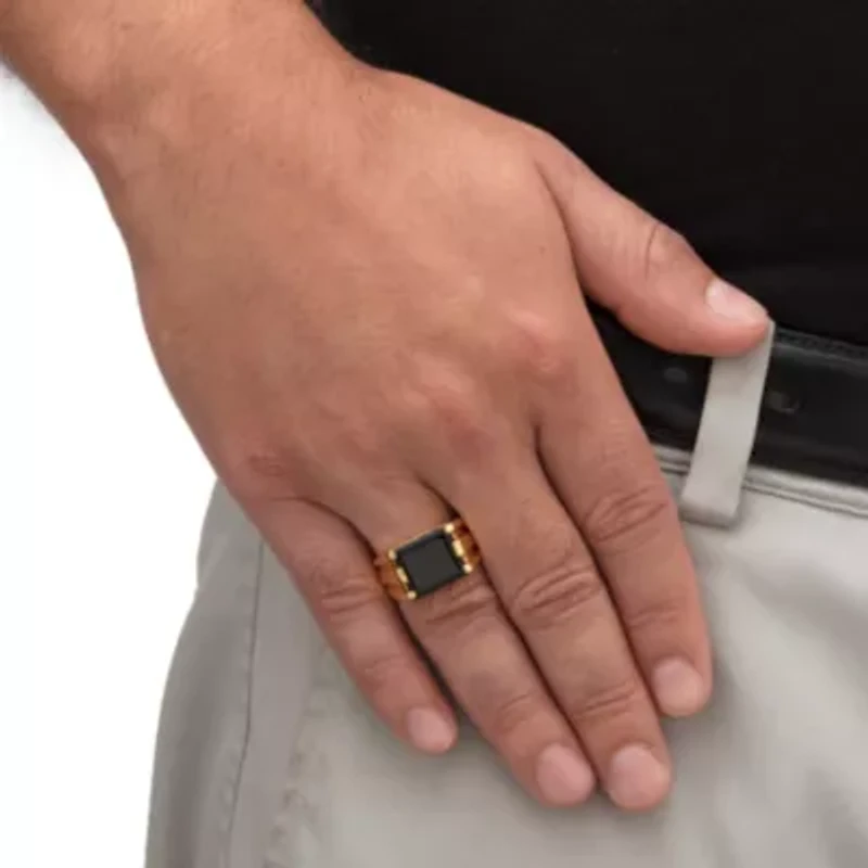 Men's Emerald-Cut Gold-Plated Simulated Black Onyx Rectangle Ring