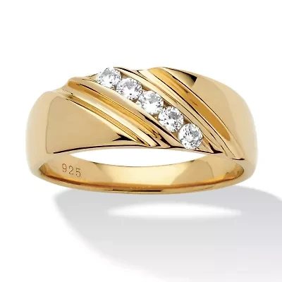 Men's .50 TCW Cubic Zirconia Diagonal Rng Gold-Plated Sterling Silver