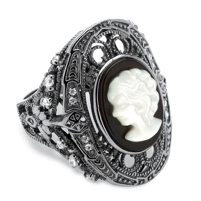 Onyx and Mother-of-Pearl Cameo Cubic Zirconia Cocktail Ring Black Rhodium-Plated