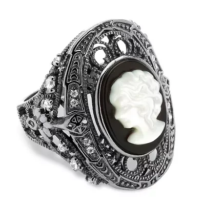 Onyx and Mother-of-Pearl Cameo CZ Cocktail Ring Black Rhodium-Plated