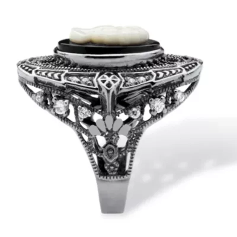 Onyx and Mother-of-Pearl Cameo CZ Cocktail Ring Black Rhodium-Plated