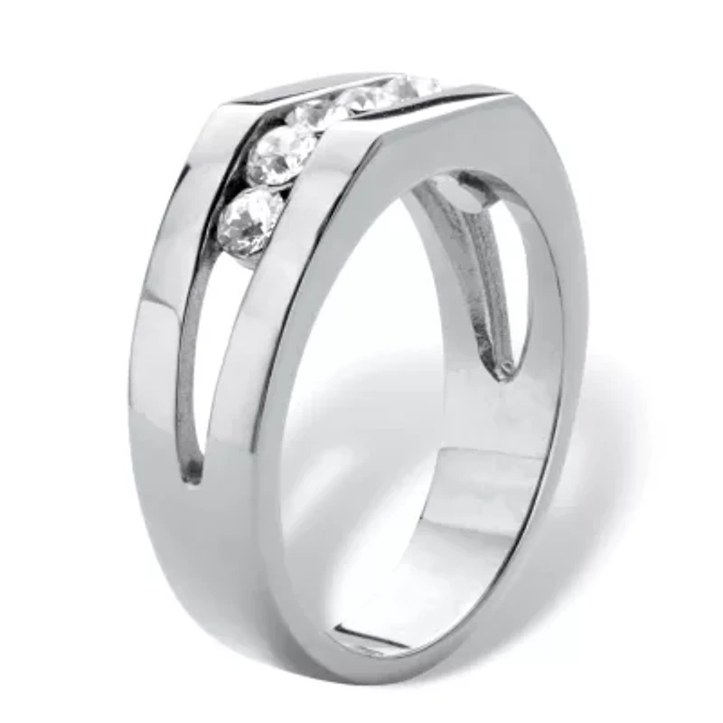 Men's Round Crystal Stainless Steel Squared Wedding Band