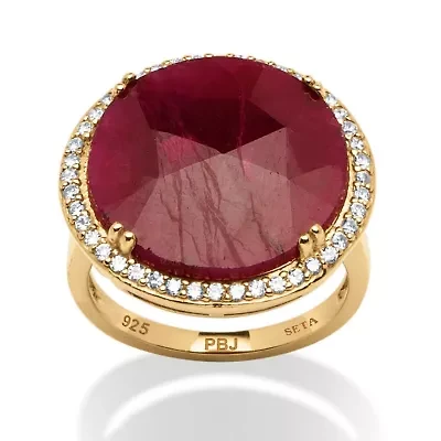 14.35 TCW Round Genuine Ruby and CZ 18k Gold-Plated Sterling Silver Halo Ring