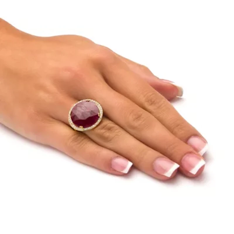 14.35 TCW Round Genuine Ruby and CZ 18k Gold-Plated Sterling Silver Halo Ring