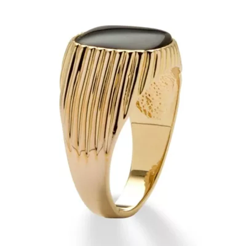 Men's Genuine Onyx Yellow Gold-Plated Ribbed Ring