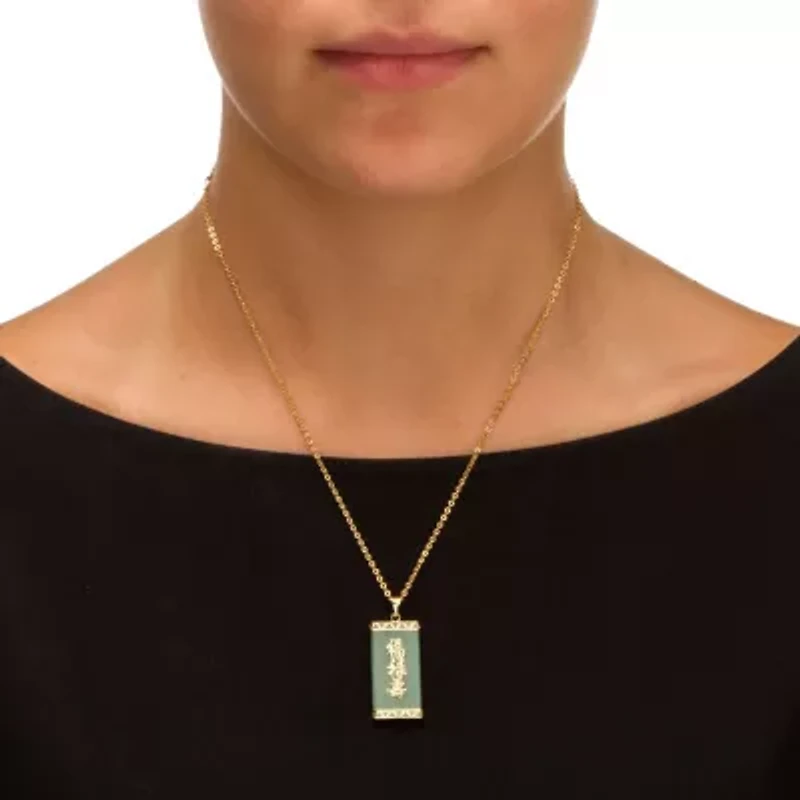 Emerald-Cut Green Genuine Jade 14k Yellow Gold Prosperity/Long Life/Luck Pendant