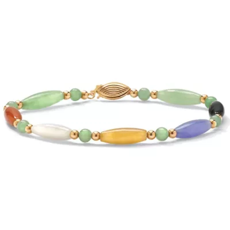 Multicolor Genuine Jade 14k Gold Beaded and Barrel Shapes Bracelet 7.5"