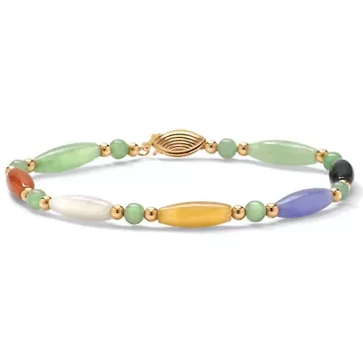 Multicolor Genuine Jade 14k Gold Beaded and Barrel Shapes Bracelet 7.5"