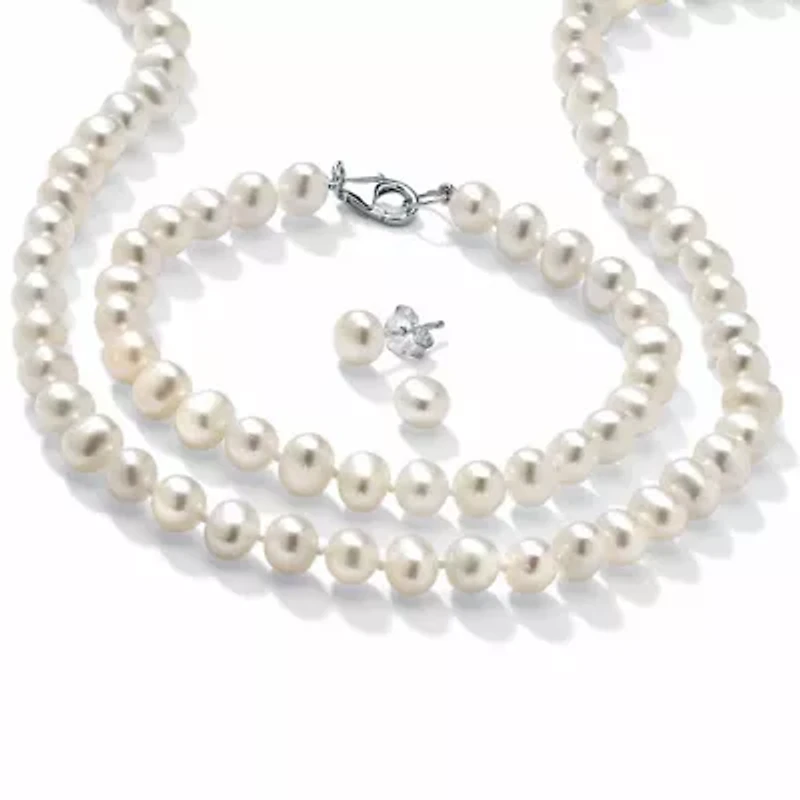 3 Piece Cultured Freshwater Pearl Necklace Bracelet and Earrings Set .925 Silver