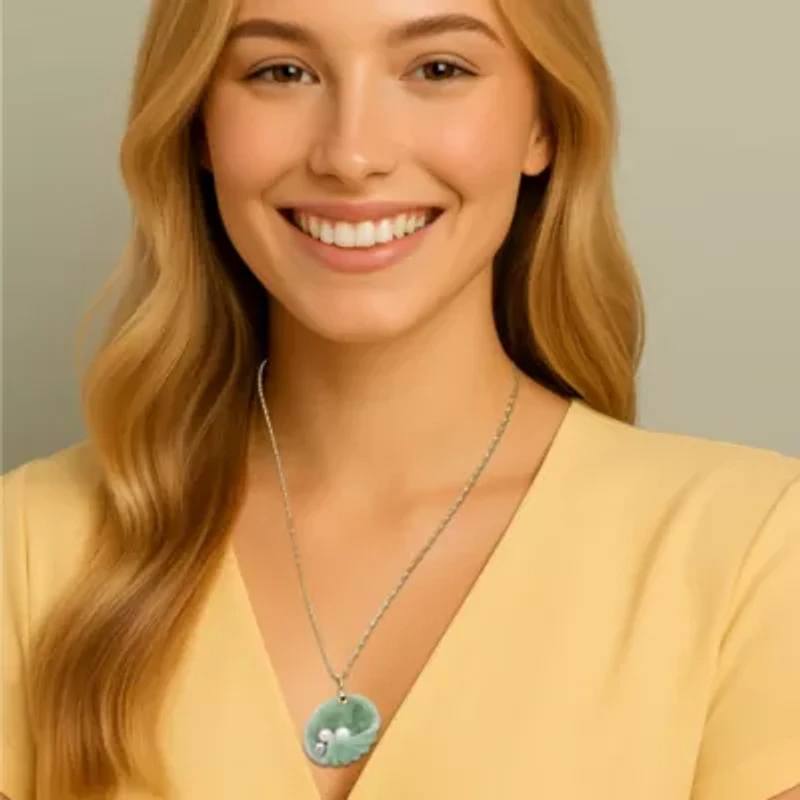 Genuine Jade and Cultured Pearl Shell Pendant in 14k Gold