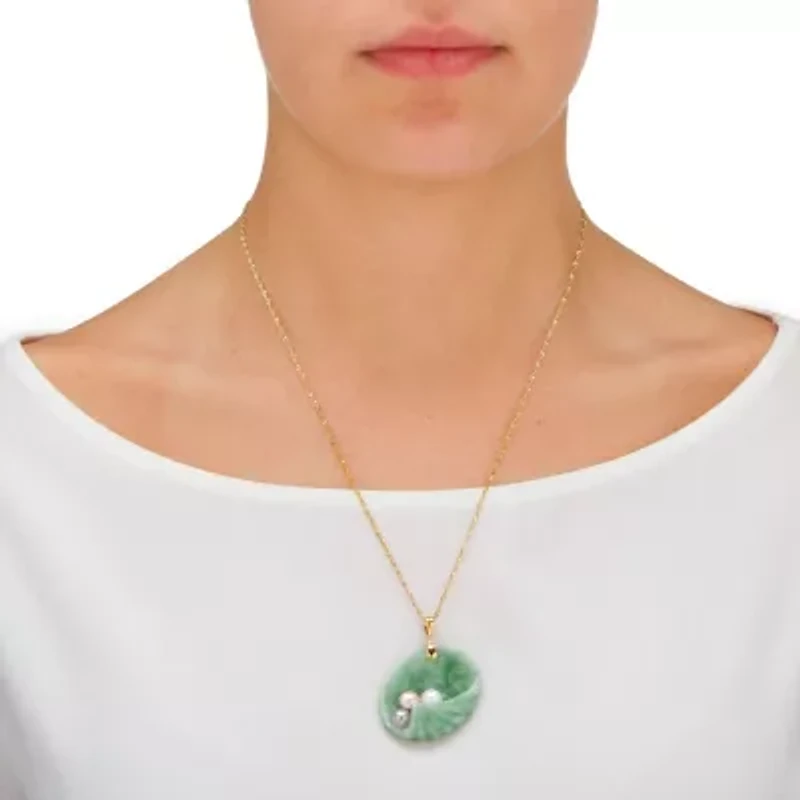 Genuine Jade and Cultured Pearl Shell Pendant in 14k Gold