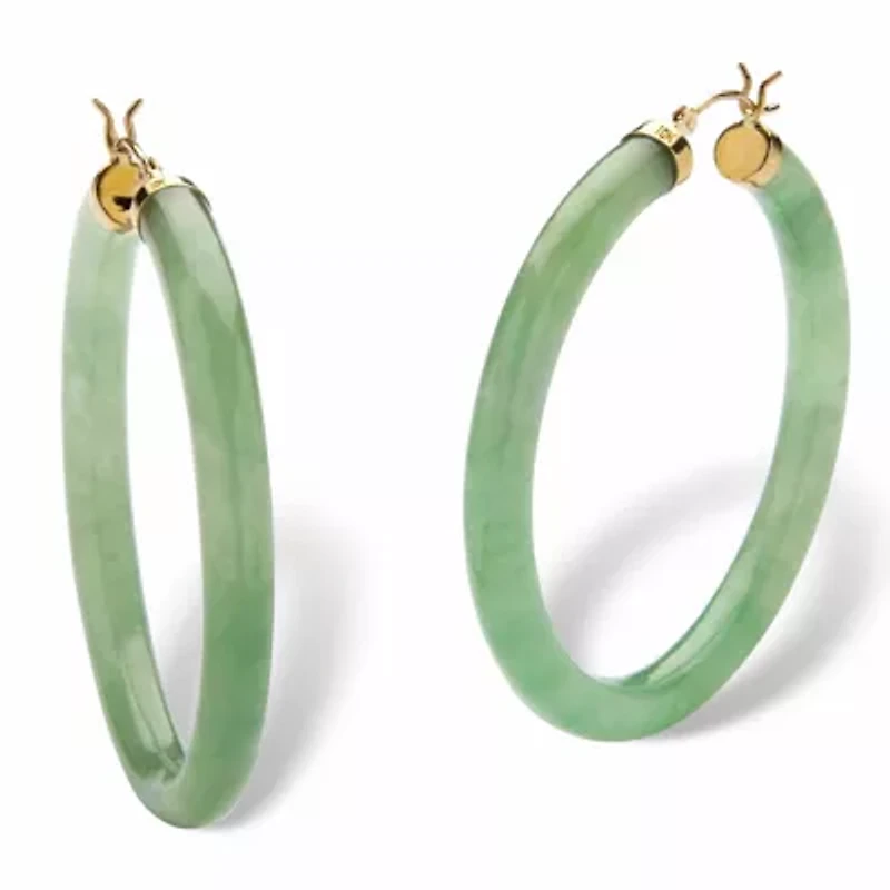 Genuine Green Jade 10k Yellow Gold Hoop Earrings