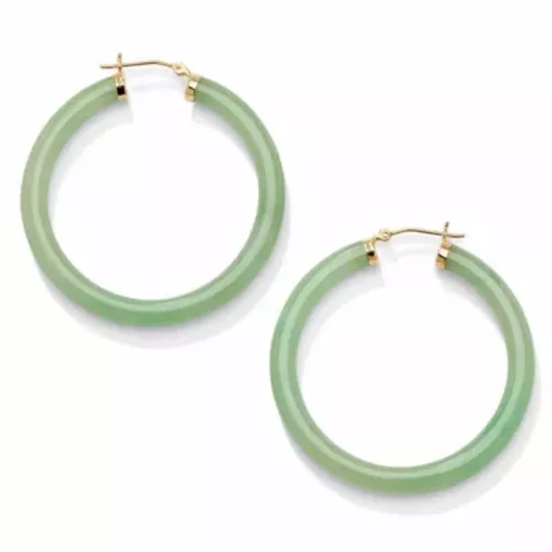 Genuine Green Jade 10k Yellow Gold Hoop Earrings