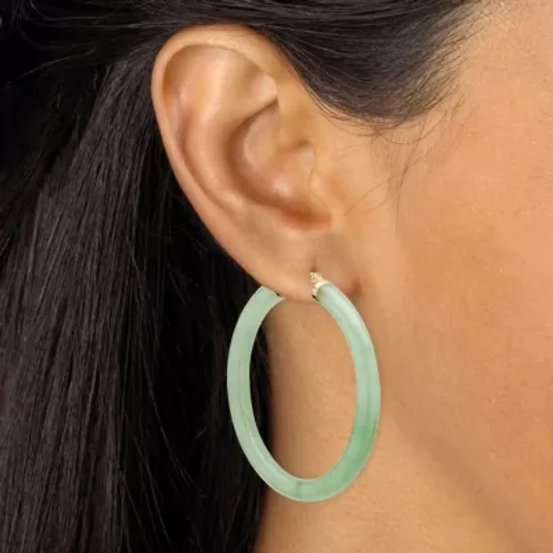Genuine Green Jade 10k Yellow Gold Hoop Earrings