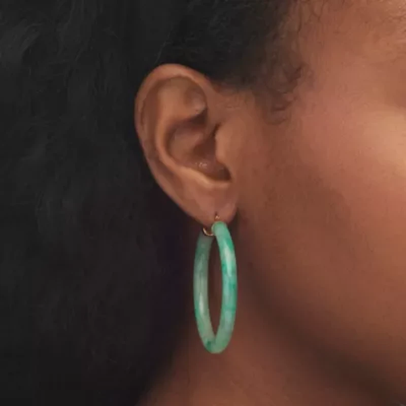Genuine Green Jade 10k Yellow Gold Hoop Earrings