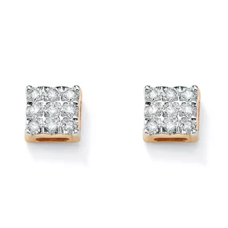 1/7 TCW Round Diamond 10k Yellow Gold Square-Shaped Stud Earrings