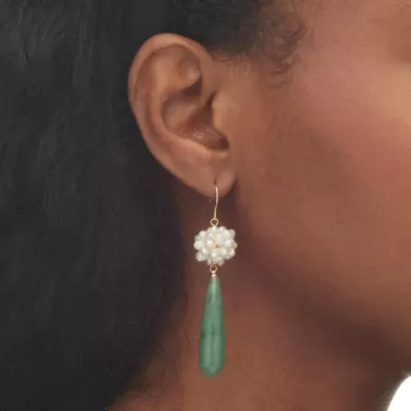 Jade and Cultured Freshwater Pearl Accent 10k Yellow Gold Drop Earrings