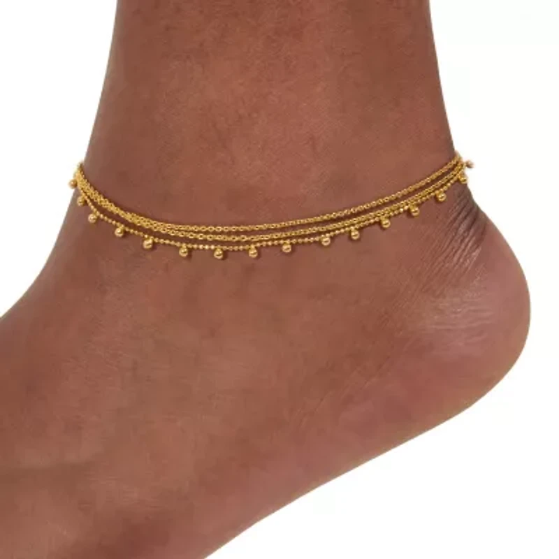 Triple-Strand Beaded Ankle Bracelet in Gold-Plated Sterling Silver