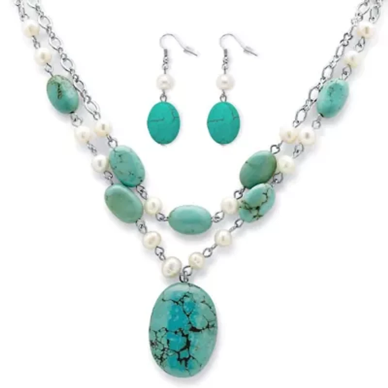 Genuine Turquoise and Freshwater Pearl Silvertone Necklace and Earrings Set