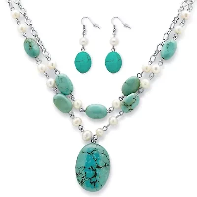 Genuine Turquoise and Freshwater Pearl Silvertone Necklace and Earrings Set