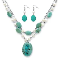 Genuine Turquoise and Freshwater Pearl Silvertone Necklace and Earrings Set
