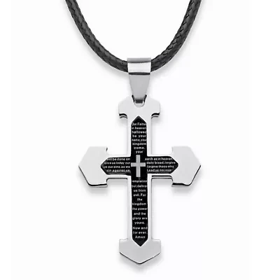 Men's Lord's Prayer Cross Pendant and Fabric Cord in Stainless Steel