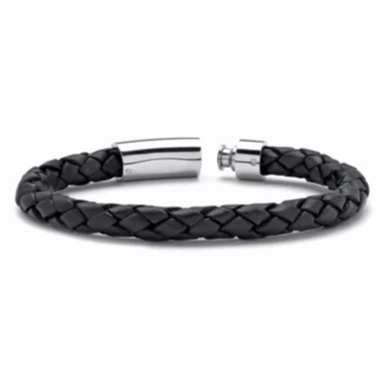 Men's Black Leather Bracelet with Stainless Steel Slip Lock Closure 10"