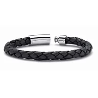 Men's Black Leather Bracelet with Stainless Steel Slip Lock Closure 10"