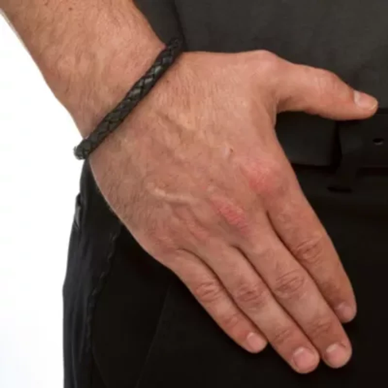 Men's Black Leather Bracelet with Stainless Steel Slip Lock Closure 10"