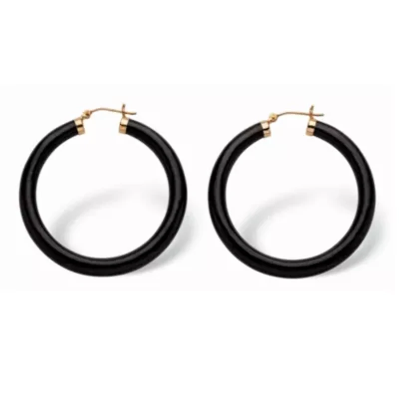 Genuine Black Jade Hoop Earrings in 14k Yellow Gold
