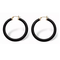Genuine Black Jade Hoop Earrings in 14k Yellow Gold