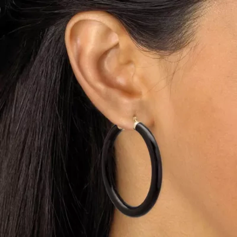 Genuine Black Jade Hoop Earrings in 14k Yellow Gold