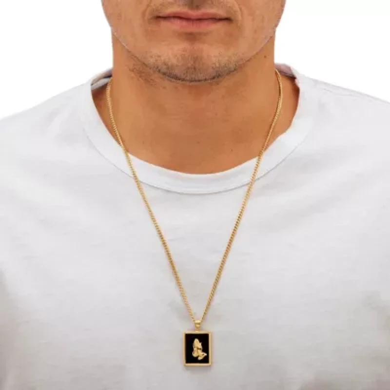 Men's Genuine Black Onyx Gold-Plated Praying Hands Pendant Necklace 22"