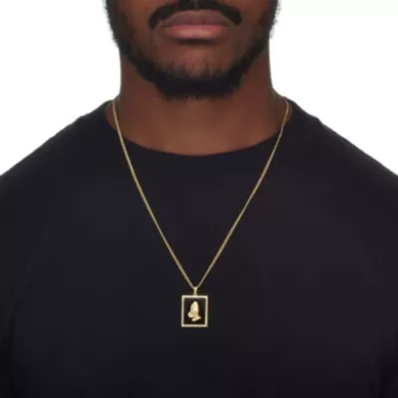 Men's Genuine Black Onyx Gold-Plated Praying Hands Pendant Necklace 22"