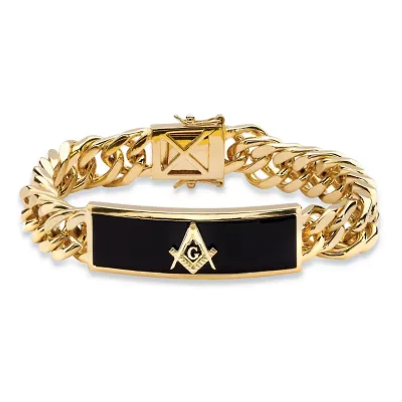 Men's Genuine Onyx Masonic Gold-Plated Insignia Curb-Link Bracelet 8"