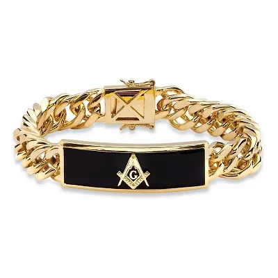Men's Genuine Onyx Masonic Gold-Plated Insignia Curb-Link Bracelet 8"