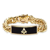 Men's Genuine Onyx Masonic Gold-Plated Insignia Curb-Link Bracelet 8"